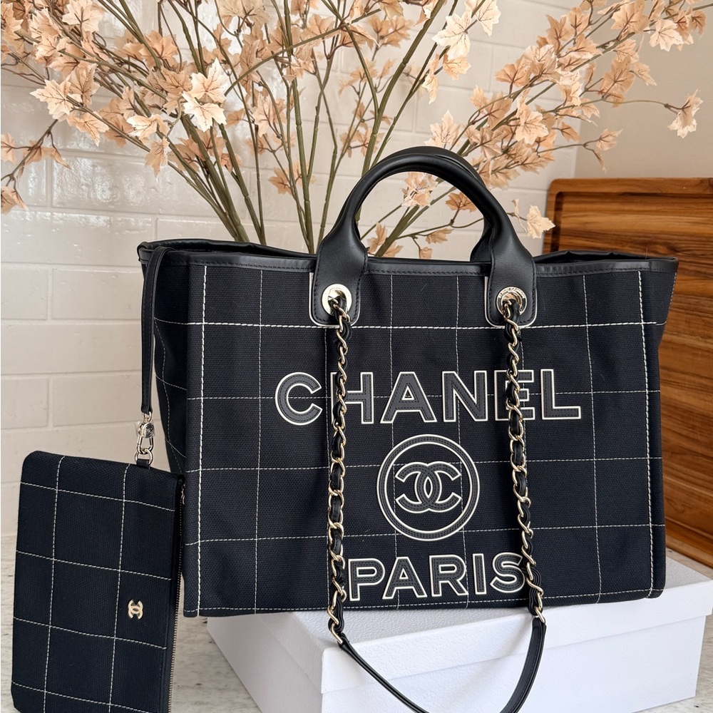 CHANEL Black Grid Canvas Tote with Chain-and-Leather Straps and Matching Pouch